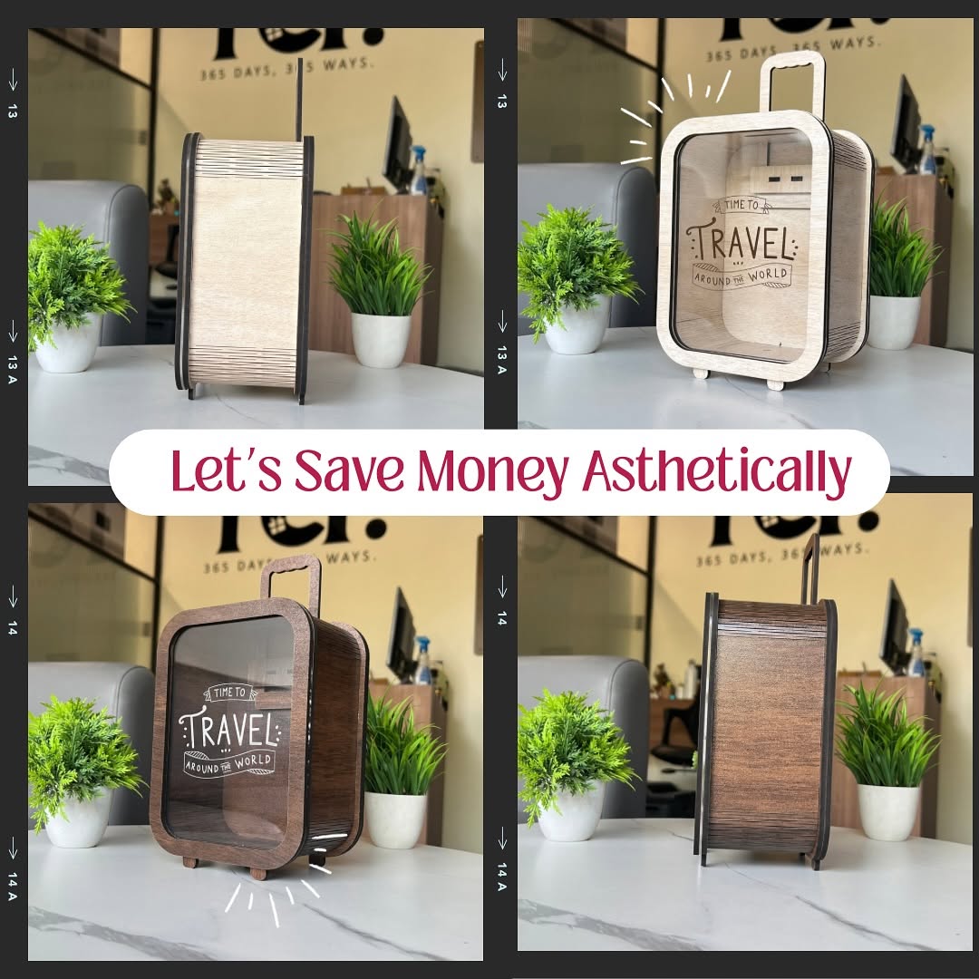 Travel Money Saving Bag, Money Saving Wood Box , Aesthetic look Piggy Bank