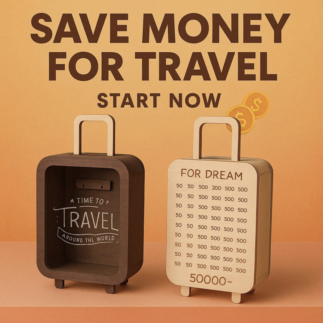 Travel Money Saving Bag, Money Saving Wood Box , Aesthetic look Piggy Bank